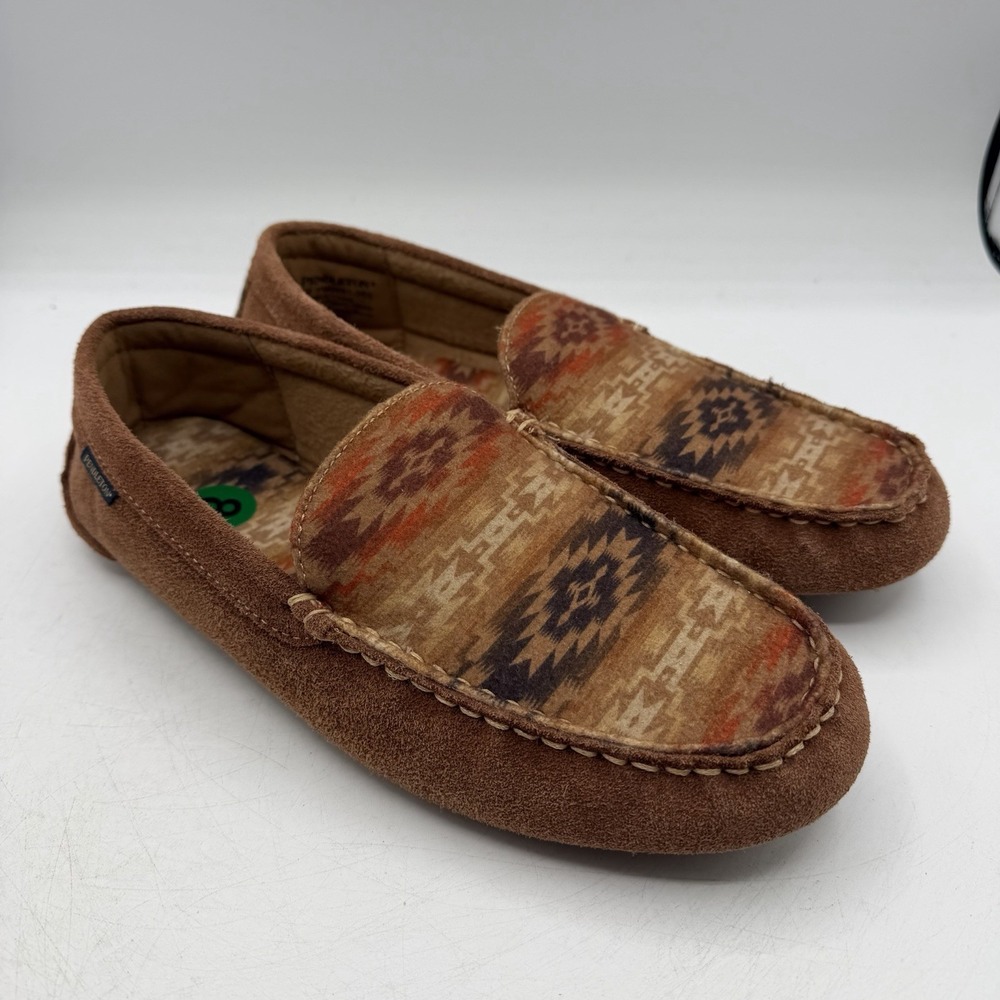 Pendleton Taos Slippers Mens Sz 8 Brown Leather Aztec Print Slip On‎ House Shoes
